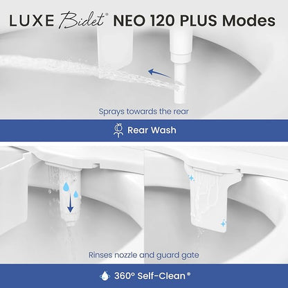 LUXE Bidet NEO 120 PLUS - Patented Non-Electric Bidet Attachment, Chrome | Non-Electric, Single Nozzle, Slide-In Install, 360° Self-Clean, EZ-Lift to Clean, Rear Wash