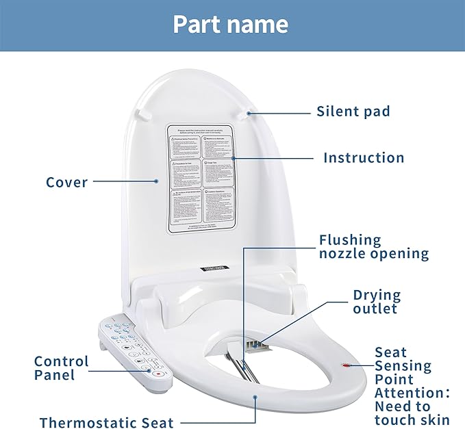 KERDE 08 Smart Electric Bidet Toilet Seat with Warm Air Dryer Heated Adjustable Warm Water Seat Temperature Self-Cleaning Nozzle Easy Installation for Most Toilets Elongated (Armrest-Control Model)