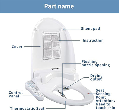 KERDE 08 Smart Electric Bidet Toilet Seat with Warm Air Dryer Heated Adjustable Warm Water Seat Temperature Self-Cleaning Nozzle Easy Installation for Most Toilets Elongated (Armrest-Control Model)