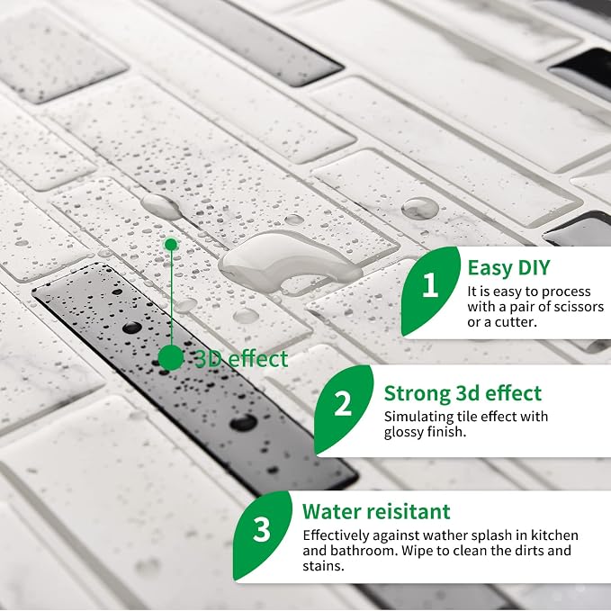 LONGKING 10-Sheet Peel and Stick Tile Backsplash, Vinyl Self-Adhesive Tile Stickers for Kitchen, Bathroom, White Marble | Peel and stick backsplash, vinyl PVC, marble, waterproof, kitchen bathroom wall, 10-sheet, set B