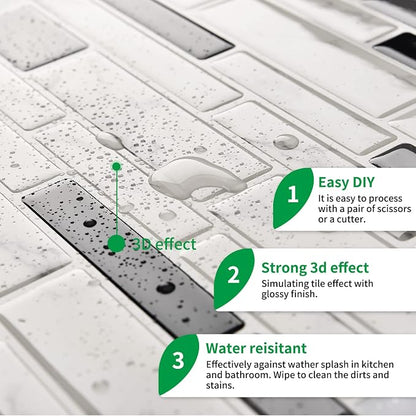 LONGKING 10-Sheet Peel and Stick Tile Backsplash, Vinyl Self-Adhesive Tile Stickers for Kitchen, Bathroom, White Marble | Peel and stick backsplash, vinyl PVC, marble, waterproof, kitchen bathroom wall, 10-sheet, set B