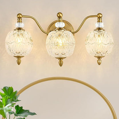 Vintage Bathroom Vanity Light, 3-Light Mid Century Brushed Gold Finish Wall Sconce with Globe Glass Shades, Retro Mirror Light for Bathroom, Powder Room