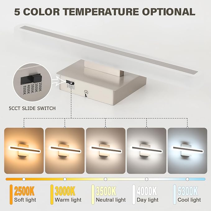 JUSHENG Brushed Nickel Vanity Lights for Bathroom, 5CCT Dimmable Vanity Light Bar, Modern LED Bathroom Lighting Fixtures Above Mirror 16'' Inch 16W