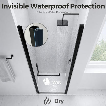 28-29.2" W x 72" H Single Frameless Pivot Swing Shower Door | 1/4" Clear SGCC Tempered Glass with a 24.1" walk-in opening, Matte Black Finish, Adjustable Width, Reversible Installation