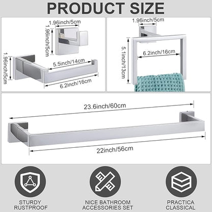 Gisafai 25 Pcs Silver Bathroom Hardware Accessories Set 23.6 Inch Bath Towel Bar Kit Stainless Steel Bathroom Hardware Set Towel Racks Ring Robe Hooks Paper Holder for Wall Mounted