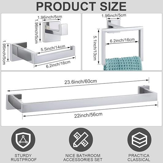 Gisafai 25 Pcs Silver Bathroom Hardware Accessories Set 23.6 Inch Bath Towel Bar Kit Stainless Steel Bathroom Hardware Set Towel Racks Ring Robe Hooks Paper Holder for Wall Mounted