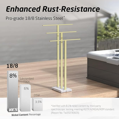 KES Standing Towel Rack 3-Tier with Marble Base, Brushed Gold Towel Rack Stand for Bathroom Floor, Fits Large Bath Towel & Hand Towel, 18/8 Stainless Steel, BTH217S3-BZ