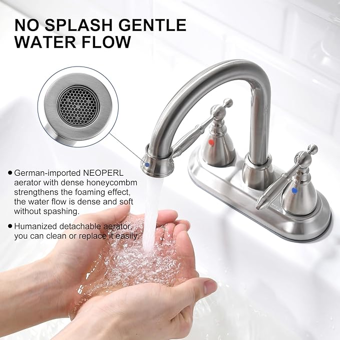 Brushed Nickel Bathroom Faucets - 4In Two Handles Centerset Bathroom Sink Faucet | 2 or 3 Hole Vintage Lavatory Vanity Sink Faucets 360° Swivel Spout with Overflow Pop-up Drain & Water Hoses