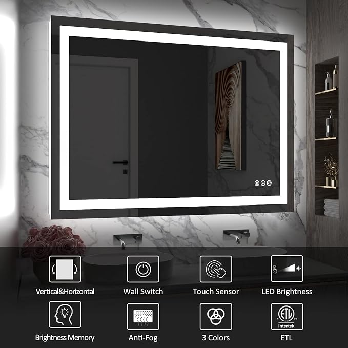 LED Bathroom Mirror 40"X30" with Front Light and Backlit | Stepless Dimmable, Anti-Fog, Shatter-Proof, HD Reflection, Memory, 3 Colors Lighting, UL Listed (Horizontal/Vertical).