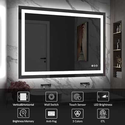 LED Bathroom Mirror 40"X30" with Front Light and Backlit | Stepless Dimmable, Anti-Fog, Shatter-Proof, HD Reflection, Memory, 3 Colors Lighting, UL Listed (Horizontal/Vertical).