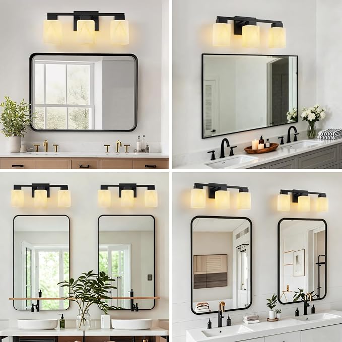 3-Light Square Bathroom Light Fixture, Matte Black Modern Vanity Light with White Marble Glass Shade, for Bathroom Mirror, Living Room, Bedroom, Hallway, E26 Base