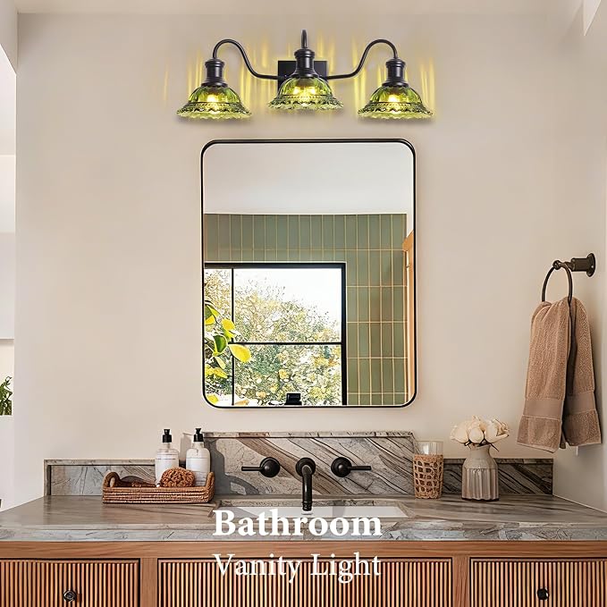 Vintage Vanity Lights 3-Light, Black Bathroom Lights with Green Shade, Glass Bathroom Light Fixtures Over Mirror, Farmhouse Wall Sconce for Bathroom, Vanity Table, Entryway, Hallway
