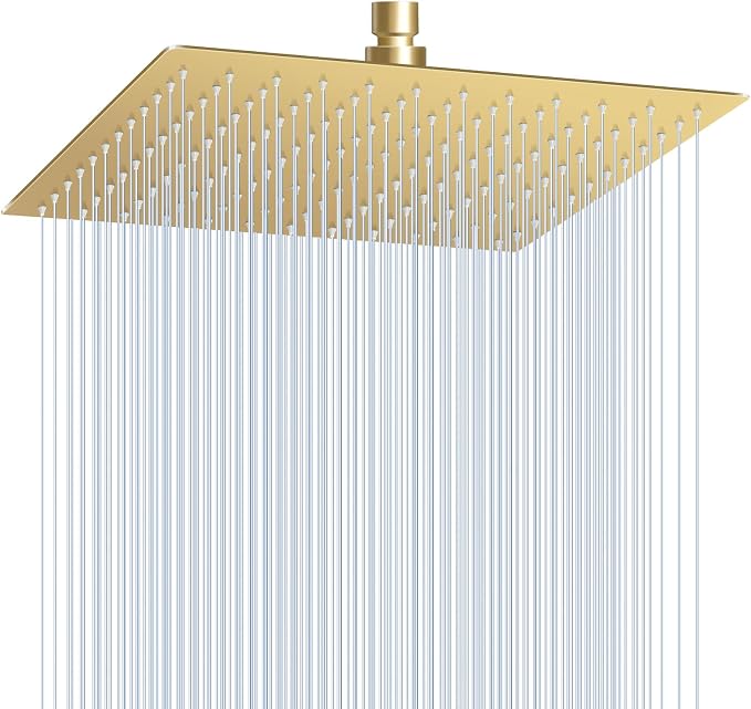 12 inch Brushed Gold Rain Shower Head - All Metal 304 Stainless Steel, Full Body Waterfall Shower with 144 Silicone Nozzles - Square Showerheads Ceiling or Wall Mount Modern Bathroom