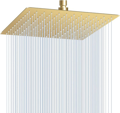 12 inch Brushed Gold Rain Shower Head - All Metal 304 Stainless Steel, Full Body Waterfall Shower with 144 Silicone Nozzles - Square Showerheads Ceiling or Wall Mount Modern Bathroom