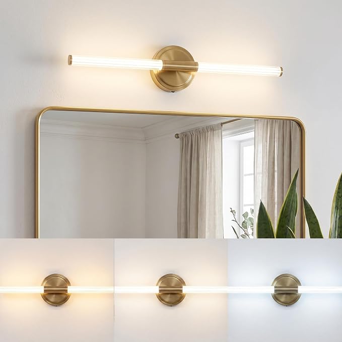 URSOLA 24" Modern LED Bathroom Light Fixtures, Golden 3CCT Dimmable Bathroom Vanity Light Over Mirror, Bathroom Vanity Bath Bar Lights with 360° Removable Acrylic Light Tube