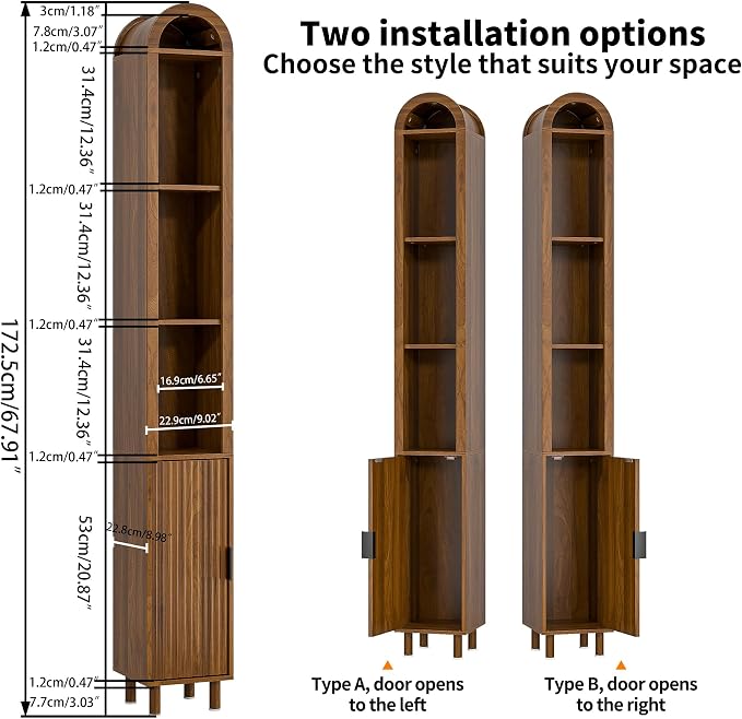 Narrow Bathroom Storage Cabinet Set, Tall Arched Small Wood Cabinet, Slim | Skinny Mid Century Modern Towel Cabinet, Fluted Doors, 4 Tier Shelves, Wooden Display Cabinet for Living Room, Walnut, 2 Pcs
