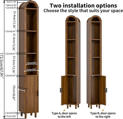 Narrow Bathroom Storage Cabinet, Tall Arched Small Wood Cabinet, Slim | Skinny Mid Century Modern Towel Cabinet, Fluted Doors, 4 Tier Shelves, Wooden Display Cabinet for Living Dining Room, Walnut