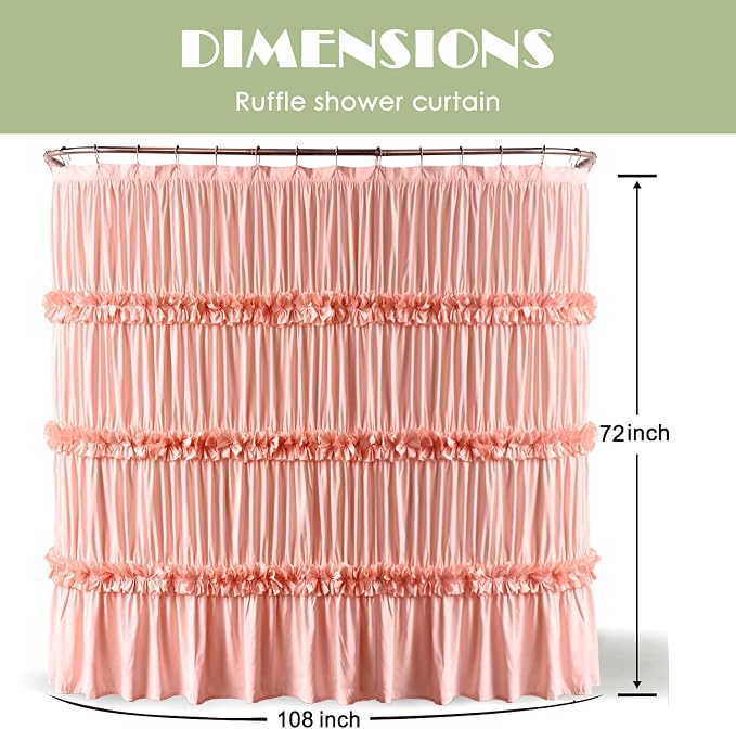 Homechoice Decor Extra Wide Shower Curtain 108"W x 72"L with 18 Buttonholes | Vintage Handcrafted Bow Tie Bath Curtain for Bathroom and Clawfoot Tub, Victorian Ruffle Bathroom Curtain, Peach (LQ-10)