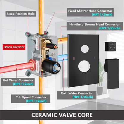 Midanya Shower System with Tub Spout,16 Inch Shower Head,Matte Black | with Valve & Trim Kit,Square Rain Head,Handheld Sprayer,Waterfall Spout,All Metal Wall Mount Bathroom Shower Tub Faucet Set