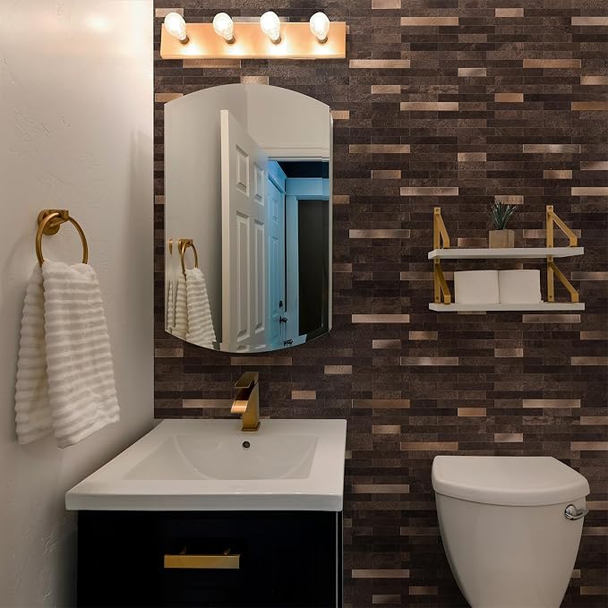StyloVue 20 Sheets Peel and Stick Backsplash for Kitchen, Dark Brown with Metal Gold Look Stick on Tile Upgrade Your Kitchen Backsplash, RV, Fireplace