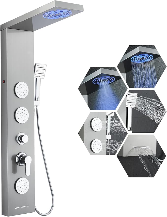 Shower Panel Tower System for Bathroom - 5 In 1 Full Body Shower Tower With Led, Rainfall Shower Head With Powerful Body Jets, Handheld Shower and Tub Spout, Brushed Finish