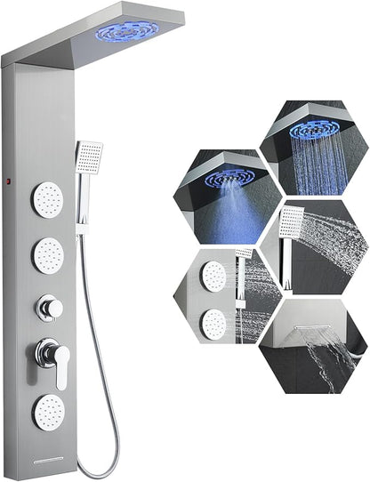 Shower Panel Tower System for Bathroom - 5 In 1 Full Body Shower Tower With Led, Rainfall Shower Head With Powerful Body Jets, Handheld Shower and Tub Spout, Brushed Finish