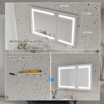 LED Bathroom Medicine Cabinet with Mirror, 24x40 Medicine Cabinet with Lights, Power Failure memor, Dimmable, Defogging, Recessed/Surface, Front&Backlit, Outlets, Dual-Opening