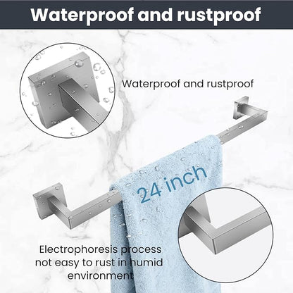 24 Inch Brushed Nickel Bathroom Hardware Set,4 Pack Bathroom Towel Bar Set | 24Inch Square Bathroom Towel Bar, Modern Design, SUS304 Stainless Steel Premium Material, Wide Drying Space Towel Rack