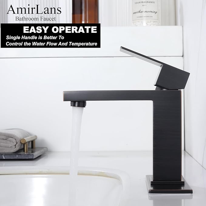 Oil Rubbed Bronze Bathroom Faucet 1 Hole, Stainless Steel Single Hole Bathroom Sink Faucet with Pop Up Drain, Bronze Lavatory Sink Faucet AML-1141-ORB