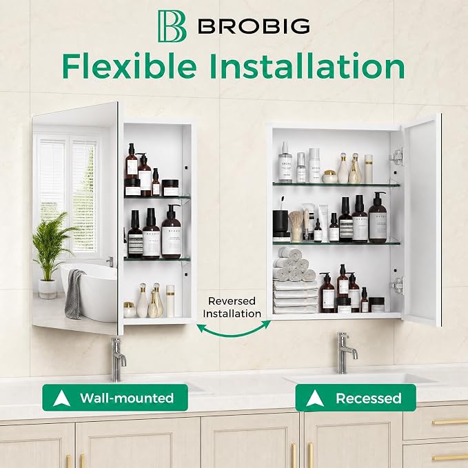 20 x 26 Aluminum Medicine Cabinet Mirror, Moisture & Rust Resistant Bathroom Wall Cabinet with Mirror, Recessed or Surface Mount with Adjustable Shelves, Tempered Glass & Soft Close Hinges