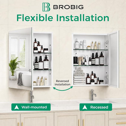 20 x 26 Aluminum Medicine Cabinet Mirror, Moisture & Rust Resistant Bathroom Wall Cabinet with Mirror, Recessed or Surface Mount with Adjustable Shelves, Tempered Glass & Soft Close Hinges