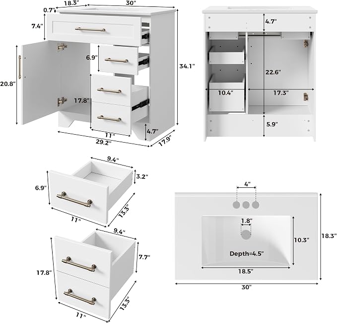 LIKIMIO 30" Bathroom Vanity with Sink, U-Shaped Drawer & 2 Drawers, 1 Door | Freestanding Bathroom Vanity, Integrated Ceramic Sink, Soft-Close Doors & Drawer, Modern Bathroom Cabinet, Assembly Required