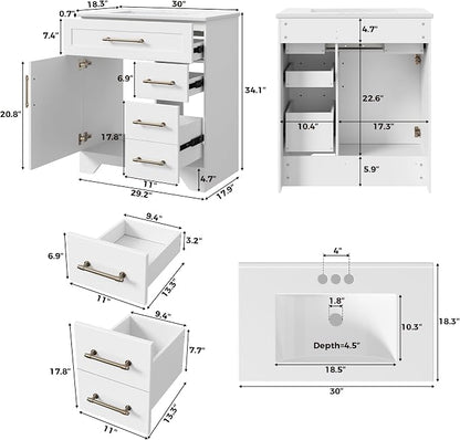 LIKIMIO 30" Bathroom Vanity with Sink, U-Shaped Drawer & 2 Drawers, 1 Door | Freestanding Bathroom Vanity, Integrated Ceramic Sink, Soft-Close Doors & Drawer, Modern Bathroom Cabinet, Assembly Required
