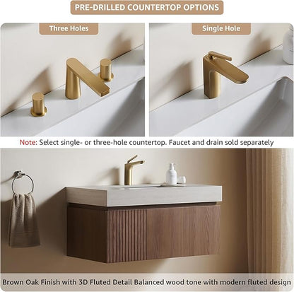 36” Floating Bathroom Vanity with Sink, Wall-Mounted Cabinet with Drawer & Doors, Roma Travertine-Pattern Countertop, Undermount Basin, Single Faucet Hole, Soft-Close, Pre-Assembled, Brown Oak