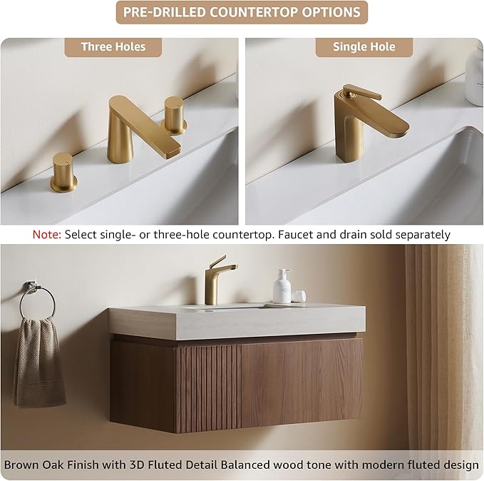 30” Floating Bathroom Vanity with Sink, Wall-Mounted Cabinet with Drawer & Doors, Roma Travertine-Pattern Countertop, Undermount Basin, Single Faucet Hole, Soft-Close, Pre-Assembled, Brown Oak