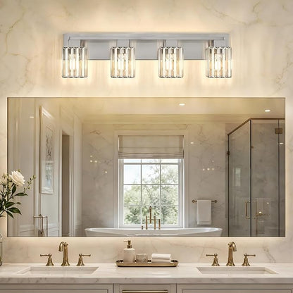 Brushed Nickel Bathroom Light Fixtures, 4-Light Vanity Light Over Mirror | Wall Sconces with Square Crystal Shades, E26 Socket, Modern Vanity Lights for Bathroom (Bulbs Not Included)