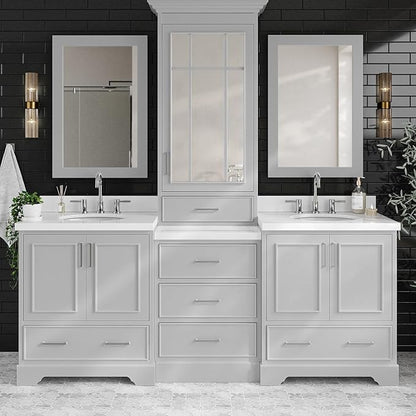 ARIEL Stafford 84-inch Bathroom Vanity with Sink,Solid Wood, 1.5in Pure White Quartz Countertop & Backsplash, Double Oval Porcelain Sink, 4 Soft Closing Doors, 5 Dovetail Drawers, Grey