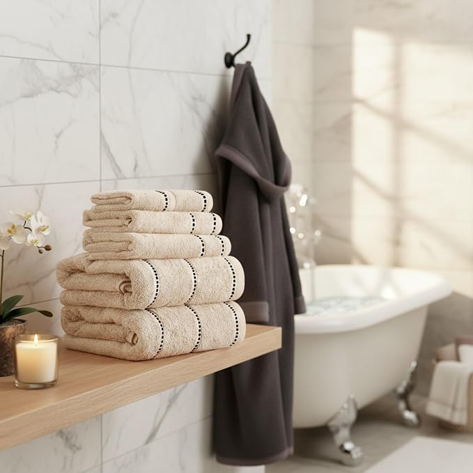 Lavish Home 6PC Towel Set - 525GSM 100% Cotton Bathroom Essentials with 2 Bath Towels, 2 Hand Towels, and 2 Wash Cloths - Absorbent Sheets for Bath, Shower, Gym, Spa, and Dorm Room (Beige)