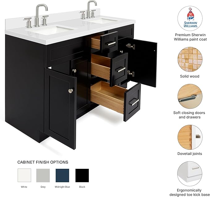 DKB Bradford 60" Double Black Bathroom Vanity with 1.5" Pure White Quartz Countertop, Rectangular Undermount Sinks, 2 Soft-Closing Doors, 3 Full Extension Dovetail Drawers