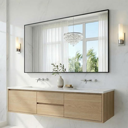 55"x30" Matte Black Wide Bathroom Wall Mirror for Double Vanity | Wide Double Vanity Mirror, Slim Metal Frame, Long Console or Buffet Use, Vertical/Horizontal Mount, Tempered Glass