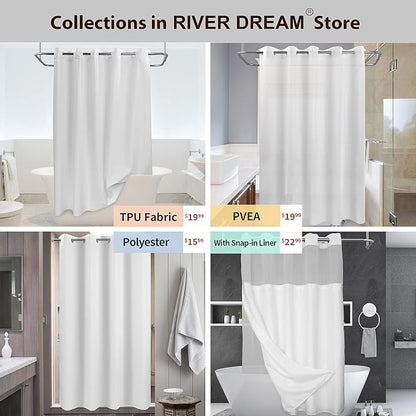 River Dream No Hook Hotel Cloth Shower Curtain White, Standard Size | Waterproof Microfiber, Bottom Magnets, Soft Washable Fabric Shower Curtain or Liner, 71W x 74H