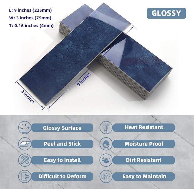 Tilingview 30 PCS Peel and Stick Backsplash Tile for Kitchen/Bathroom/Living Room, 3"x 9" Self-Adhesive Subway Tile for Backsplash, Imitation Glazed Tiles/Handmade Tiles (Glossy Navy Blue)