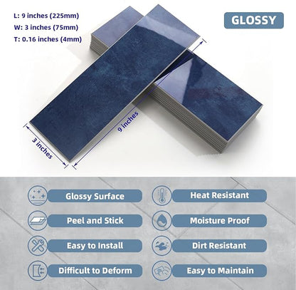Tilingview 30 PCS Peel and Stick Backsplash Tile for Kitchen/Bathroom/Living Room, 3"x 9" Self-Adhesive Subway Tile for Backsplash, Imitation Glazed Tiles/Handmade Tiles (Glossy Navy Blue)