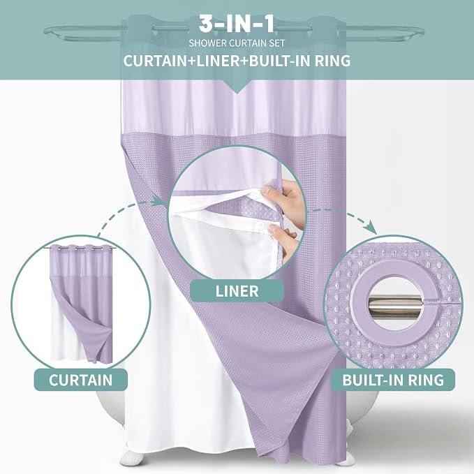 No Hook Waffle Shower Curtain with Snap-in Liner, 54x80 Inch, Lavender | 230GSM waffle weave fabric, waterproof liner set with 2 bottom magnets, mesh window, washable, for shower stalls or bathrooms