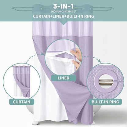 No Hook Waffle Shower Curtain with Snap-in Liner, 54x80 Inch, Lavender | 230GSM waffle weave fabric, waterproof liner set with 2 bottom magnets, mesh window, washable, for shower stalls or bathrooms