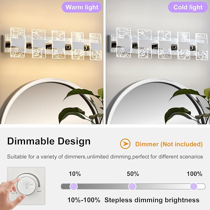 Modern LED Bathroom Light Fixtures Dimmable 5-Light Chrome Vanity Light, 5CCT Adjustable Lighting Fixture Vanity Lights Over Mirror, Smoked Acrylic LED Vanity Lights for Bathroom