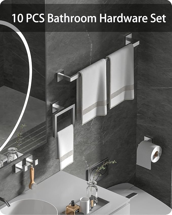 10-Piece Square Bathroom Hardware Set with 24" Towel Bar x2, Toilet Paper Holder x2, Towel Hook x4, Towel Ring x2, Wall Mounted Stainless Steel Bathroom Accessories for Modern Bathroom Decor