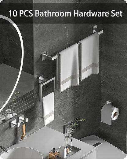 10-Piece Square Bathroom Hardware Set with 24" Towel Bar x2, Toilet Paper Holder x2, Towel Hook x4, Towel Ring x2, Wall Mounted Stainless Steel Bathroom Accessories for Modern Bathroom Decor