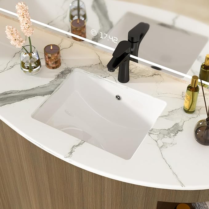 White Undermount Bathroom Sink 18"x14"Ceramic Basin | Modern Porcelain Under Counter Bathroom Vanity Sink, Interior Bowl 16.3"x 16.9", Rectangular Undermount Basin with Overflow