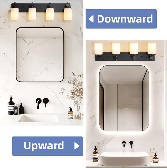 LOUSACE Bathroom Lighting Fixtures Over Mirror 4 Light Bathroom Vanity Lights Matte Black, Wall Vanity Lighting Fixture with Opal White Glass Shades for Vanity Cabinet